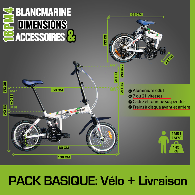 Vélo pliant blanc marine 16 pouces